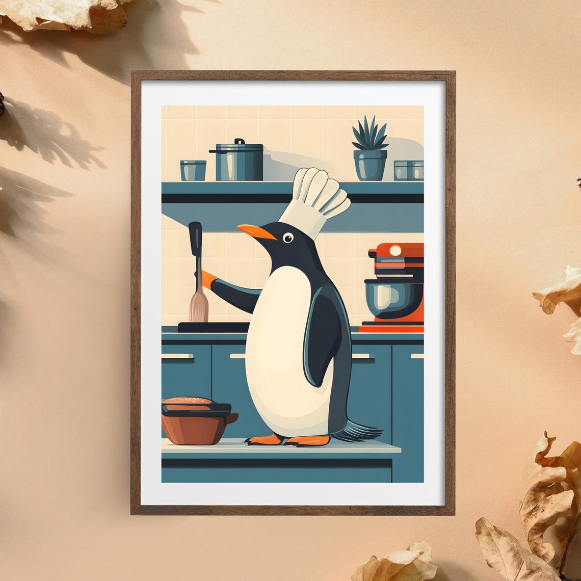 Penguin Chef With Spatula Cooking in a Retro Teal Kitchen Poster
