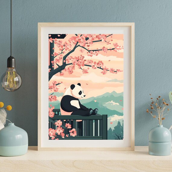 Panda Resting Under Cherry Blossoms At Mountain Sunset Poster
