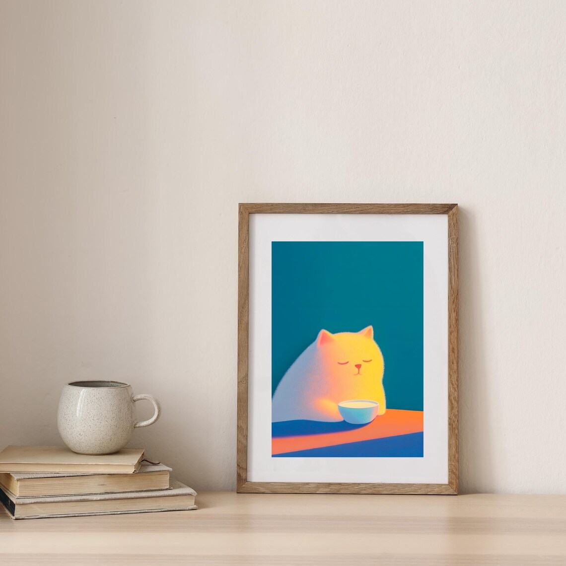Sleepy Yellow Cat With Bowl Of Milk Cozy Teal Background Poster - Image 3