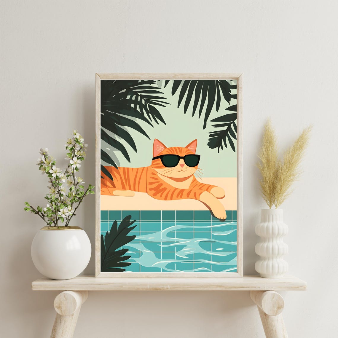 Orange Cat With Sunglasses Lounging by a Tropical Tiled Pool Poster - Image 4