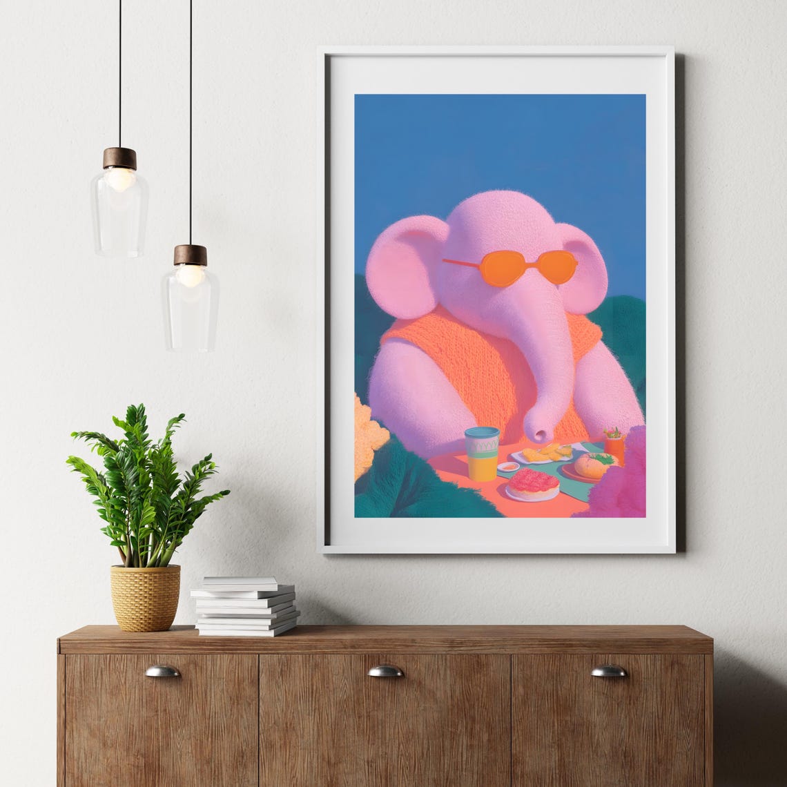 Pink Elephant In Orange Sunglasses At Breakfast Table Art Poster - Image 2
