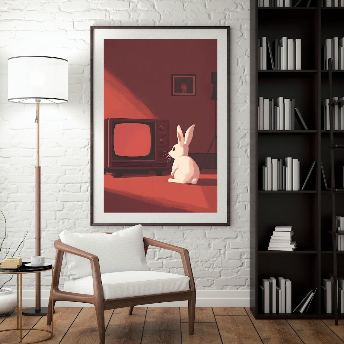 Retro Bunny Watching Vintage TV Red Room Minimalist Animal Art Poster - Image 5