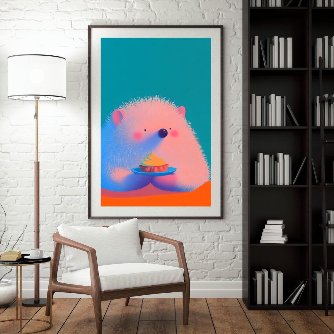 Cute Pink Hedgehog Holding Cupcake On Teal Background Art Poster - Image 4