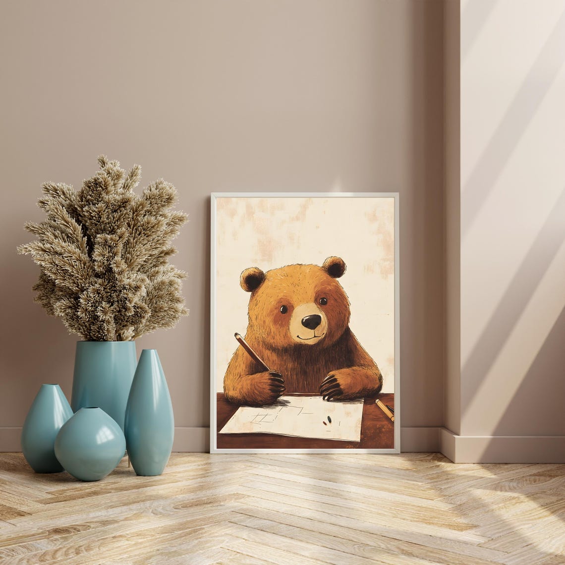 Creative Brown Bear Sketching at a Desk Holding a Pencil Poster - Image 8