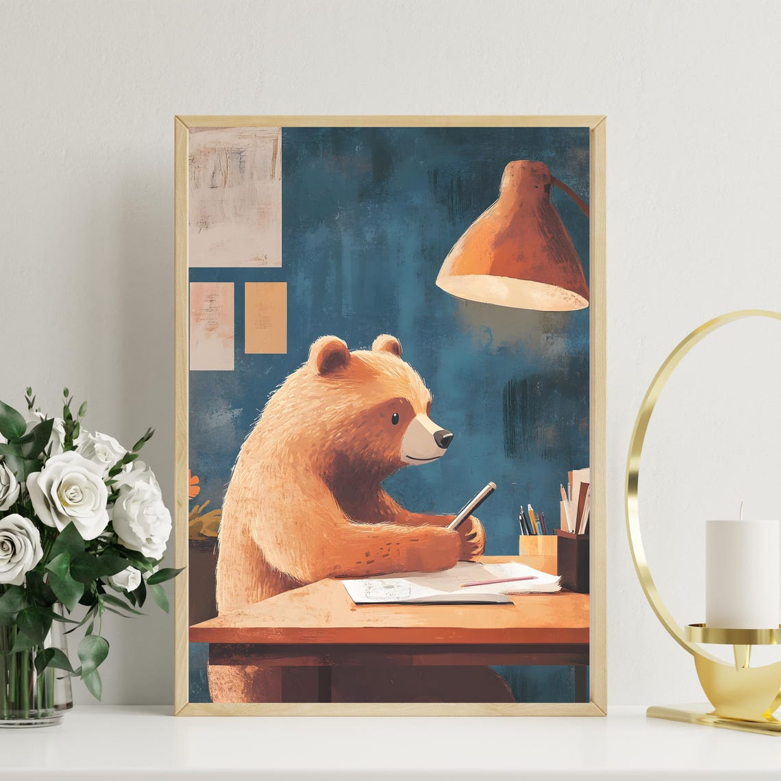 Cute Brown Bear Writing In A Notebook At A Desk Under A Lamp Poster - Image 2