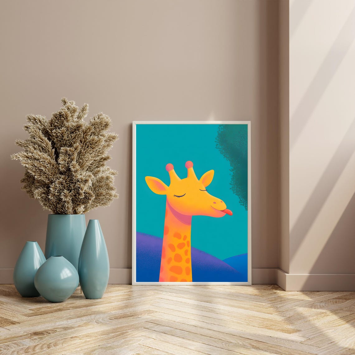 Playful Giraffe Sticking Out Tongue On Teal Background Art Poster - Image 4