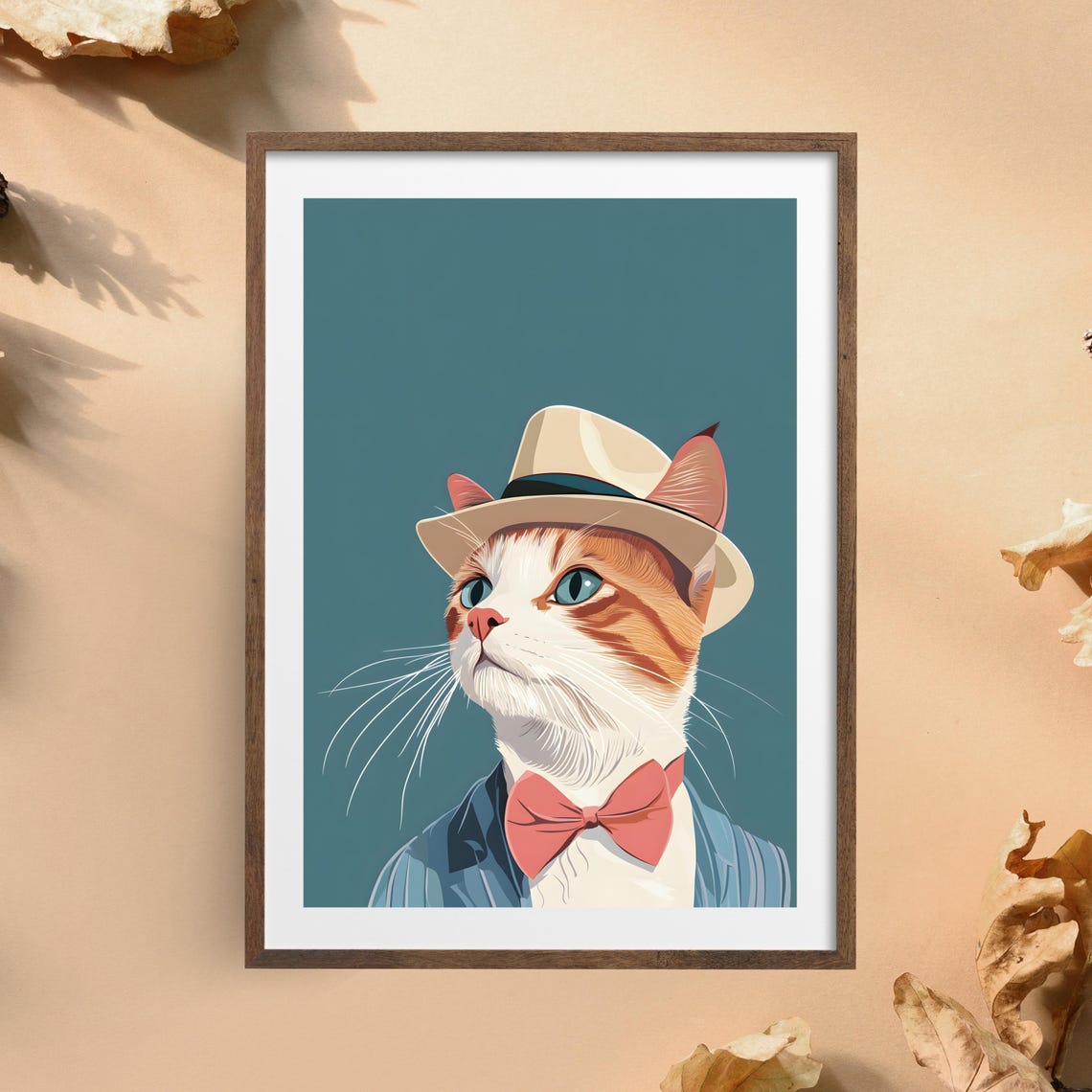 Dapper Ginger Cat in Fedora Hat and Pink Bow Tie Illustration Poster