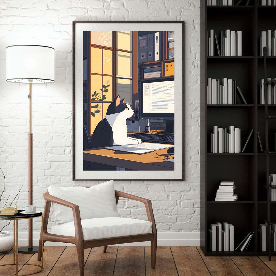 Cat at Computer Night Office Funny Workspace Animal Nursery Art Poster - Image 7