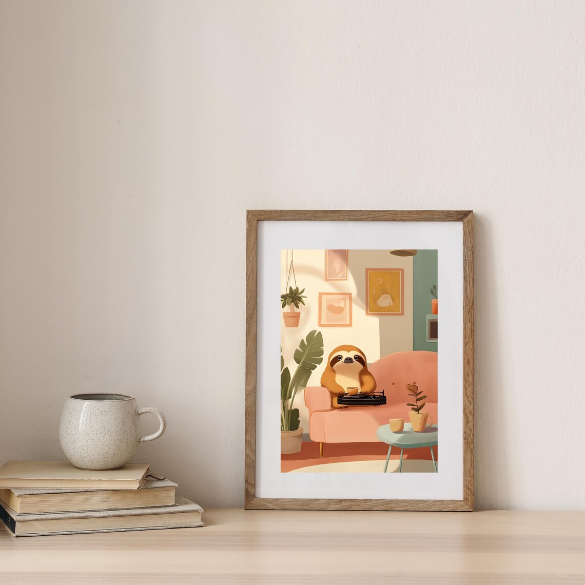 Content Sloth Relaxing on a Pink Sofa With a Cup of Tea and a Laptop Poster - Image 6