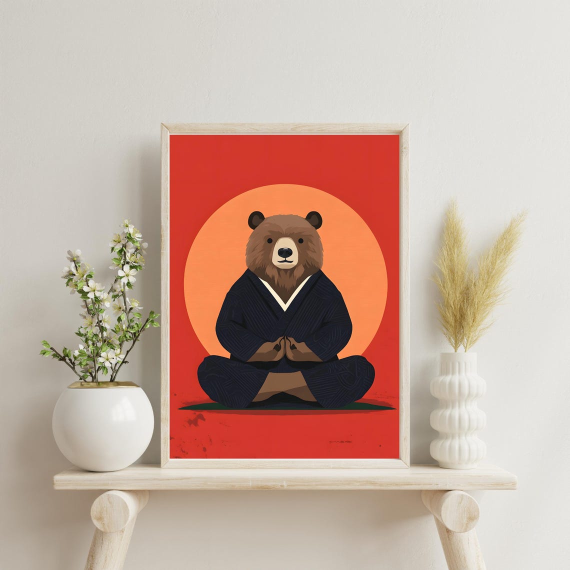 Zen Bear Meditating In A Kimono Before A Glowing Rising Sun Poster - Image 3