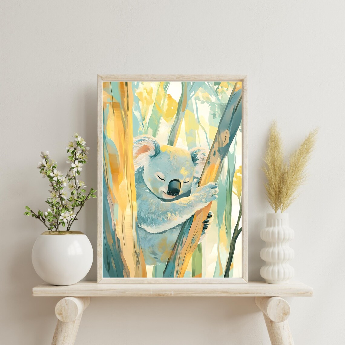 Sleepy Koala Hugging a Sunlit Eucalyptus Trunk in a Soft Painted Forest Poster - Image 2