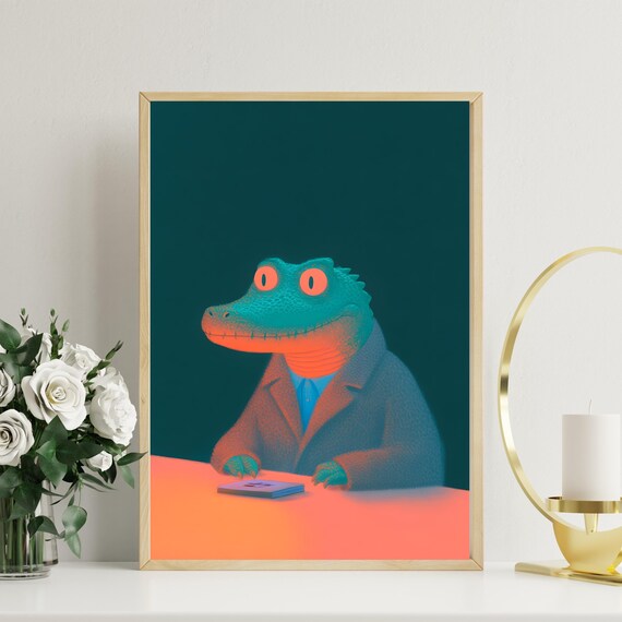 Neon Crocodile In Suit Sitting At Desk Surreal Reptile Art Poster