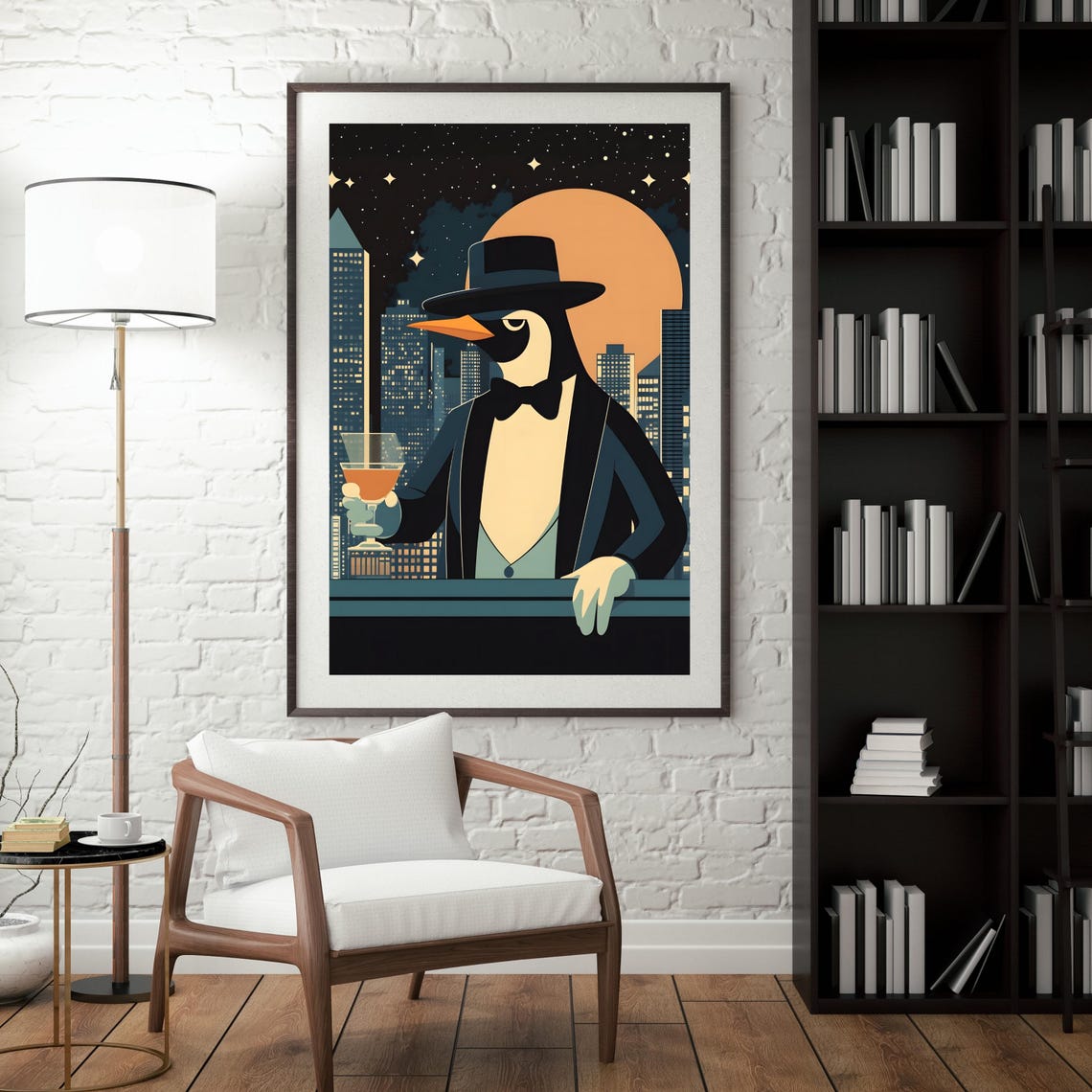 Debonair Penguin in Fedora Holding Cocktail at Night City Poster - Image 7