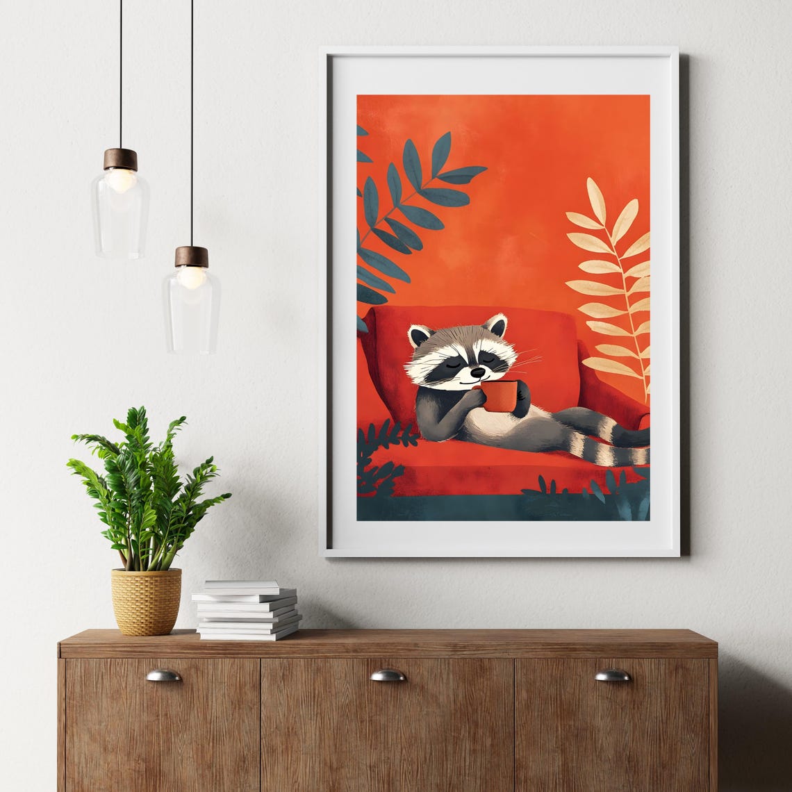 Sleepy Raccoon Lounging on a Red Sofa Holding a Coffee Cup Poster - Image 6