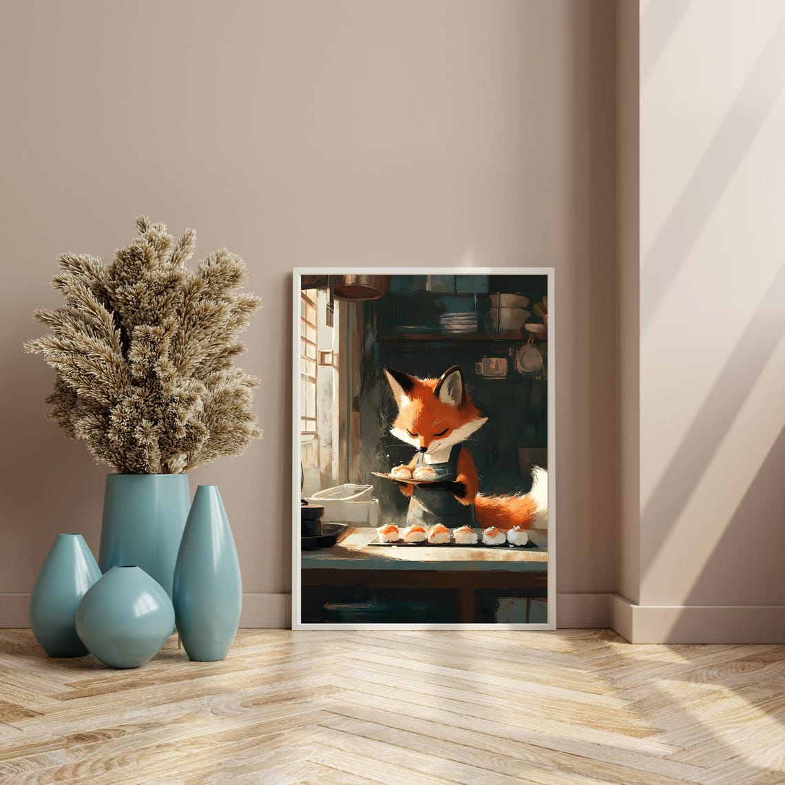 Fox Baker Serving Salmon Bites in Dark Rustic Kitchen Poster - Image 2