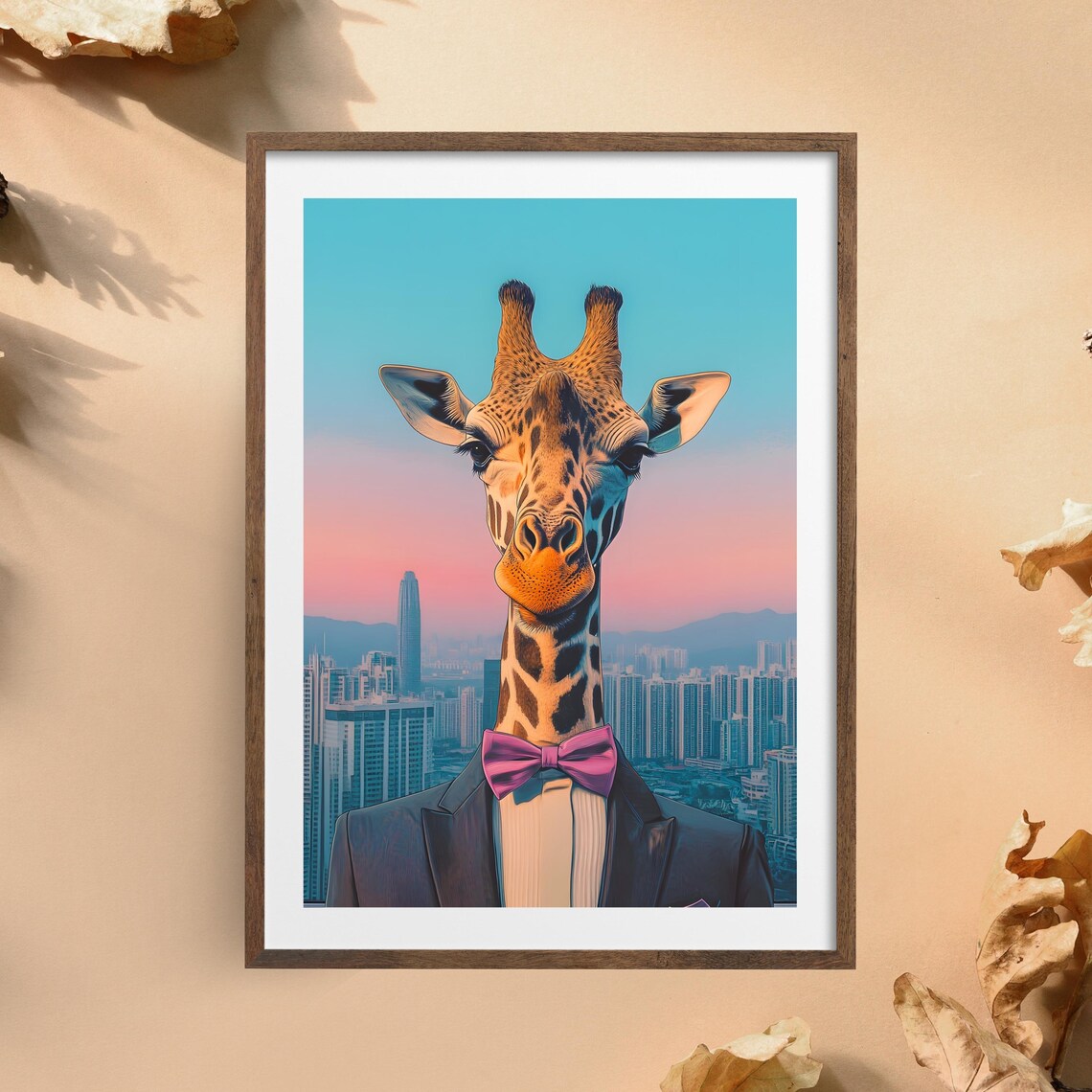 Elegant Giraffe in Tuxedo and Purple Bow Tie over a City Poster