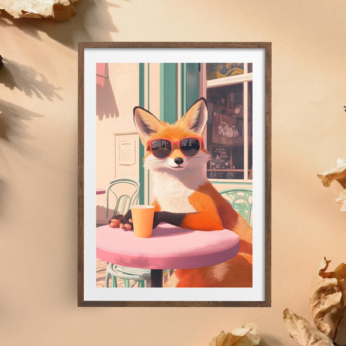 Chic Red Fox in Red Sunglasses Relaxing at a Pink Parisian Cafe Table Poster - Image 8