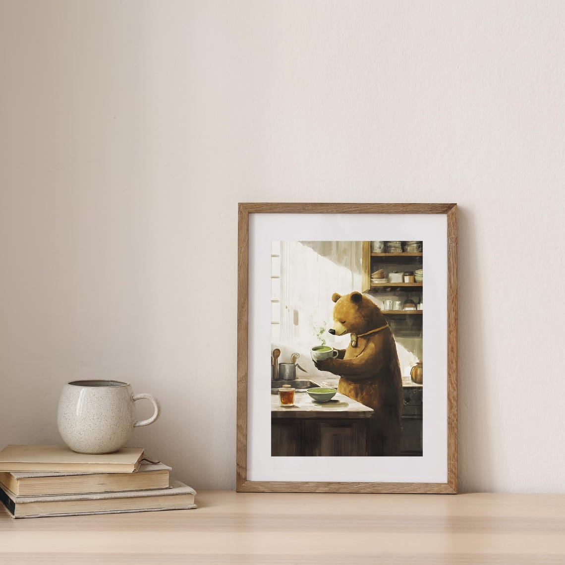 Brown Bear Savoring Steaming Matcha Tea in Sunlit Kitchen Poster - Image 3