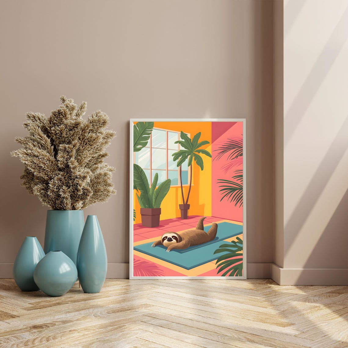 Sloth Doing Yoga on a Blue Mat in a Colorful Tropical Room Poster - Image 8
