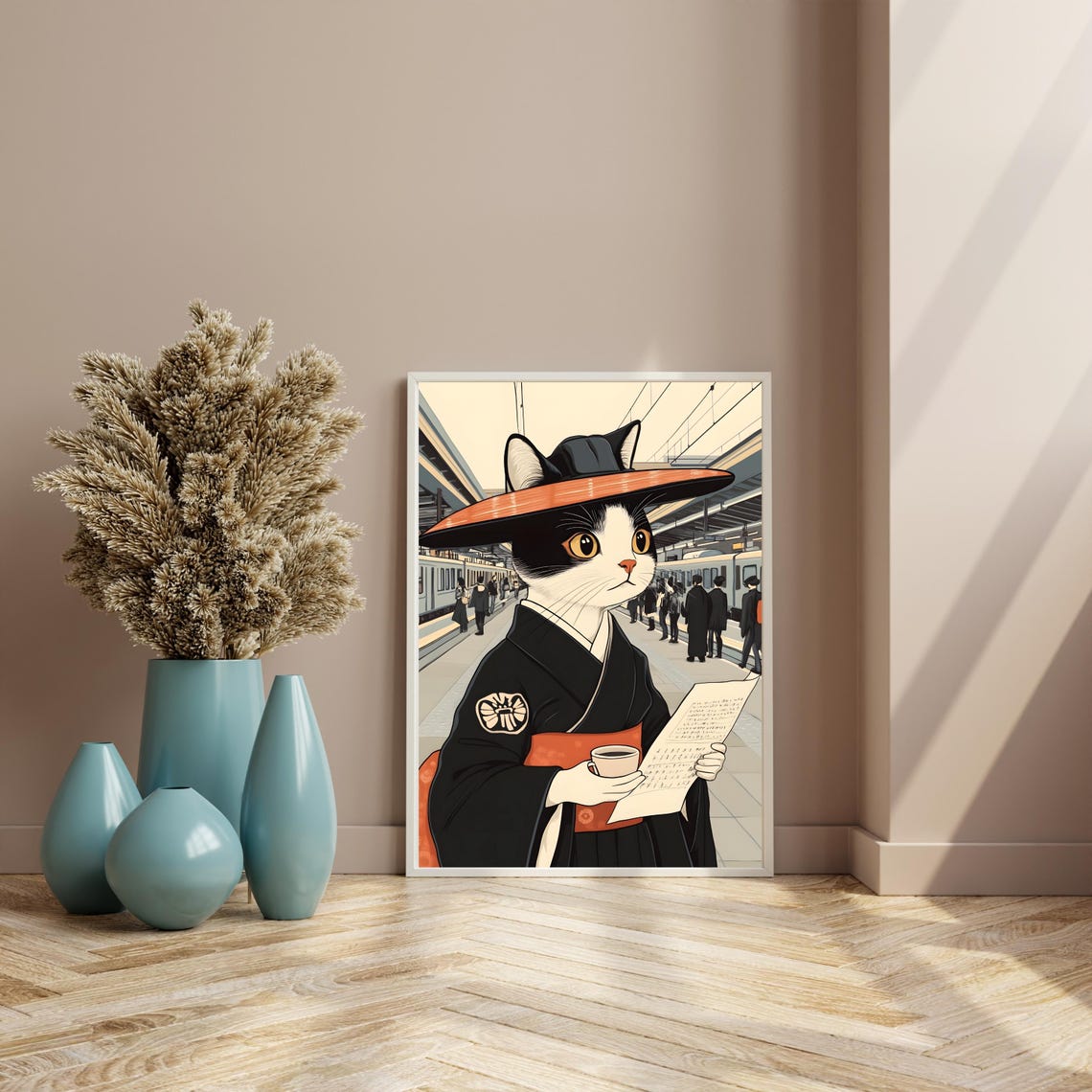 Cat in Kimono Sipping Tea at a Bustling Train Station Poster - Image 6