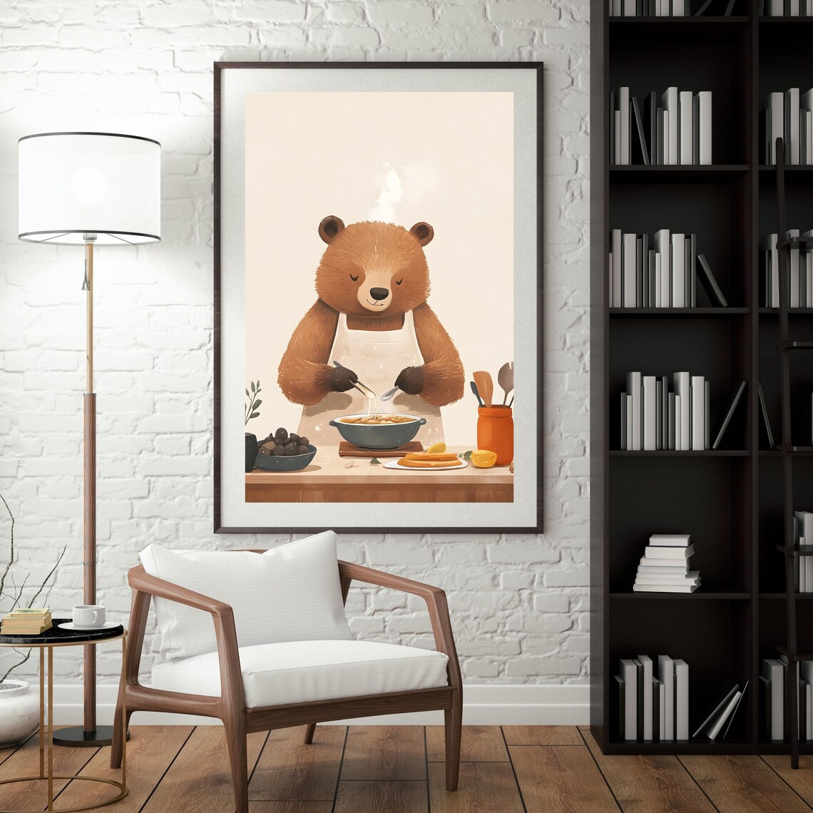 Cute Bear Chef Stirring Pasta in a White Apron in the Kitchen Poster - Image 5