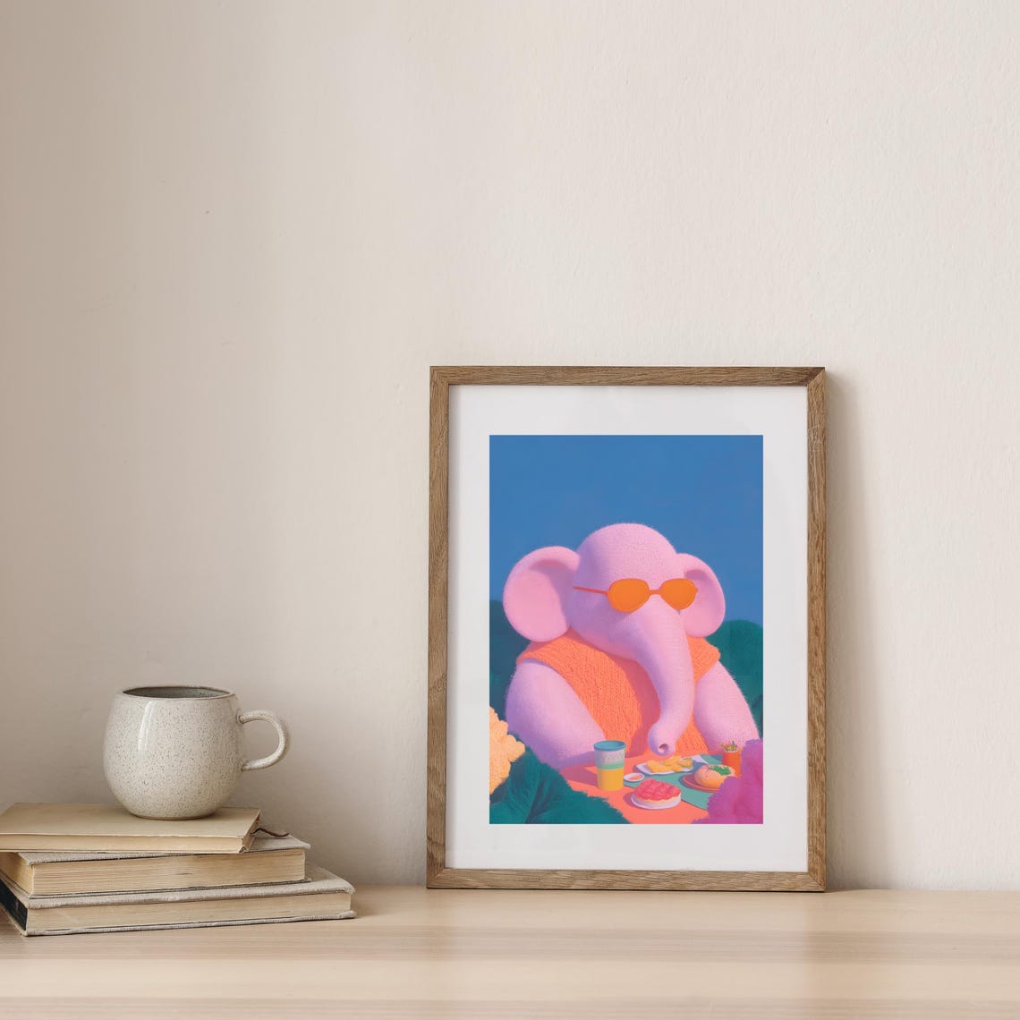 Pink Elephant In Orange Sunglasses At Breakfast Table Art Poster - Image 3