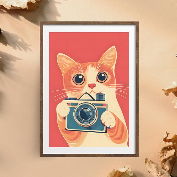 Cat With Retro Camera Orange Tabby Cute Funny Animal Nursery Poster