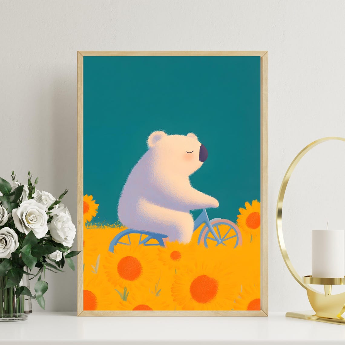 Happy Bear Riding Bicycle Through Sunflower Field Summer Poster