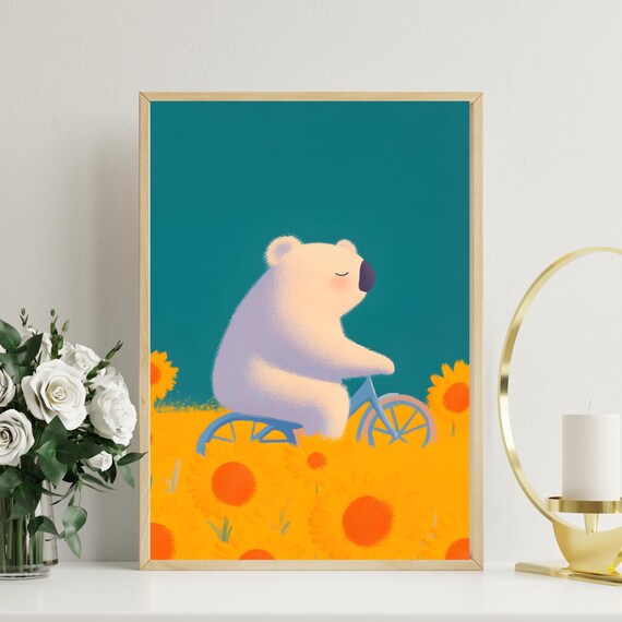 Happy Bear Riding Bicycle Through Sunflower Field Summer Poster
