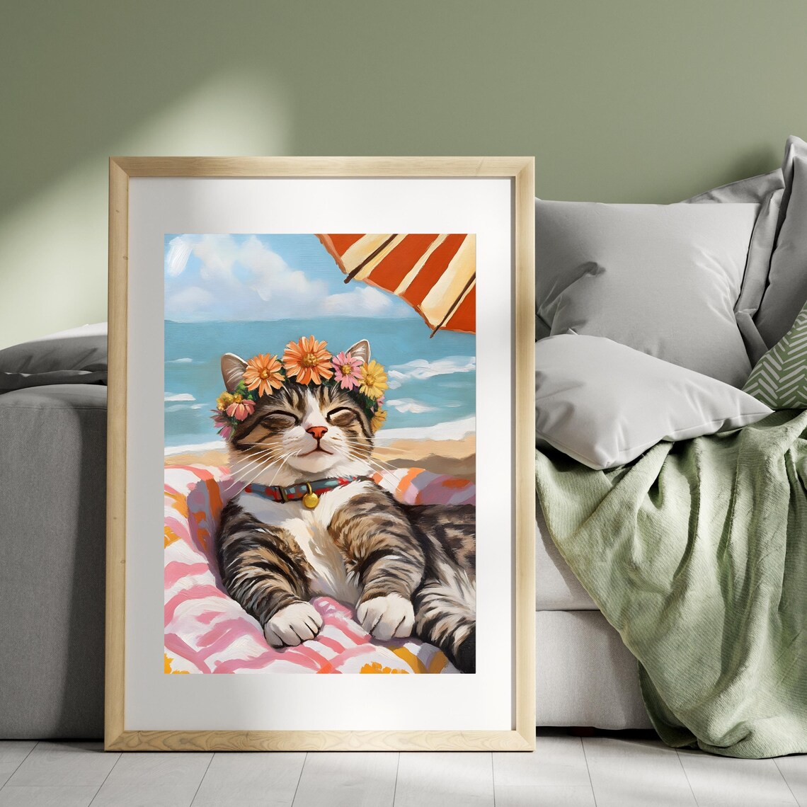 Happy Beach Cat With Flower Crown Relaxing On A Striped Towel Poster - Image 3