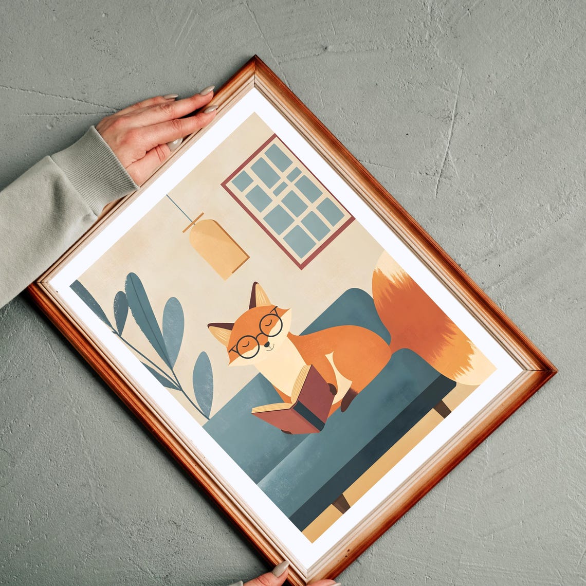 Cozy Fox Reading Book on Teal Sofa Minimalist Illustration Poster - Image 3
