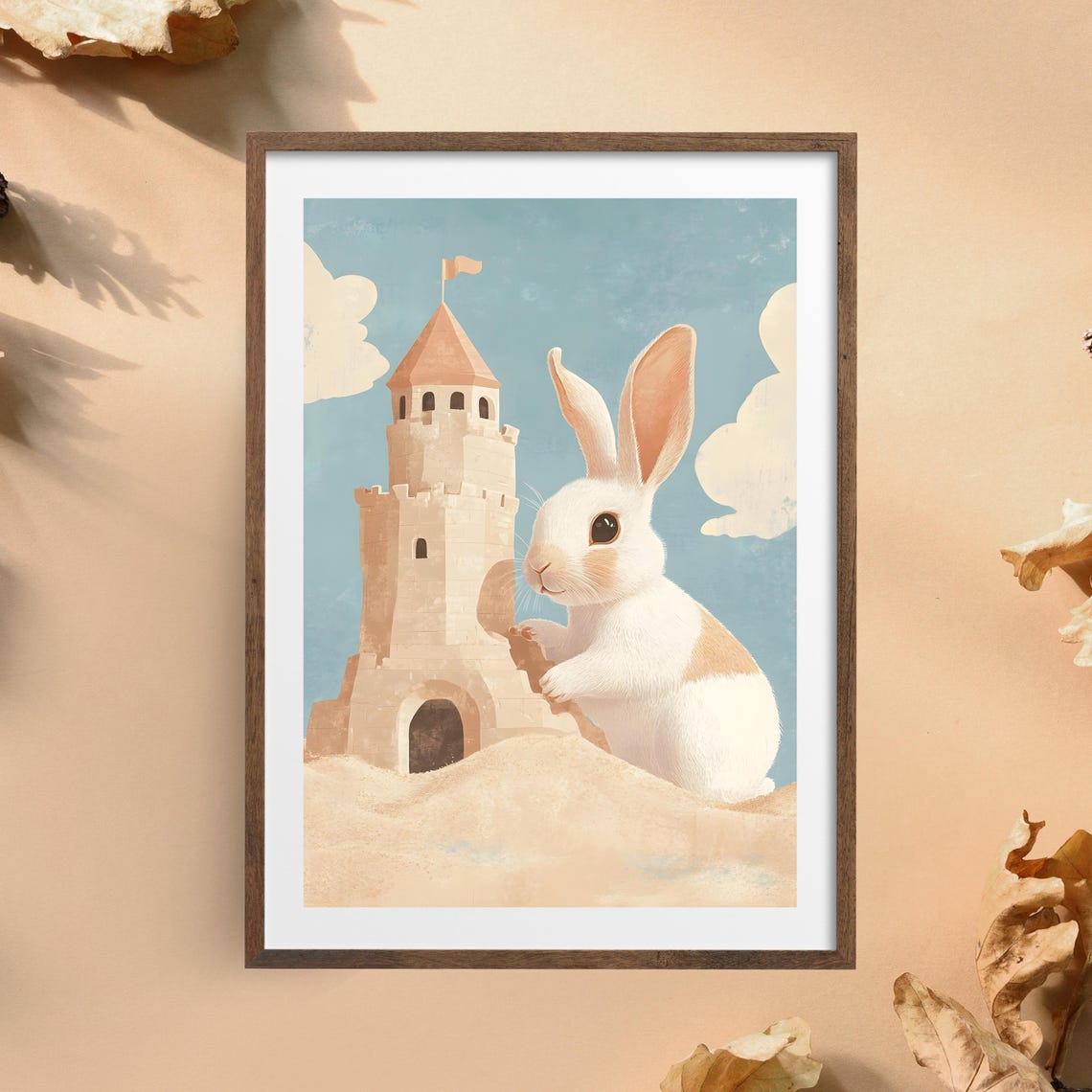 Adorable White Bunny Building a Sandcastle Tower on the Beach Poster - Image 8