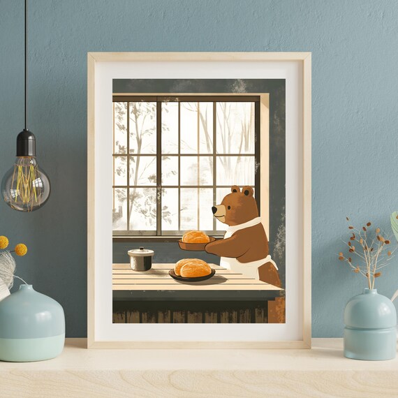 Gentle Brown Bear Baker Serving Fresh Bread Rolls at a Rustic Table Poster