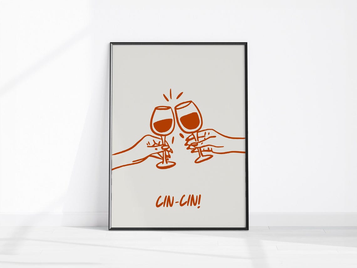 Cin Cin Cheers Poster Wine Glass Line Drawing Bar Kitchen Art