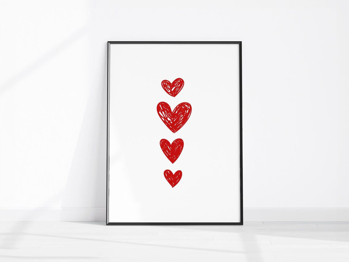 Red Sketch Hearts Minimalist Love Valentine Typography Poster