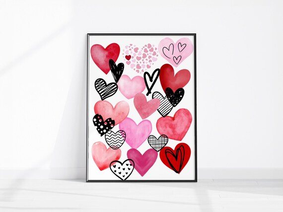 Watercolour Hearts Print Girly Wall Art Decor Pink Poster Abstract Heart Love Trendy Apartment