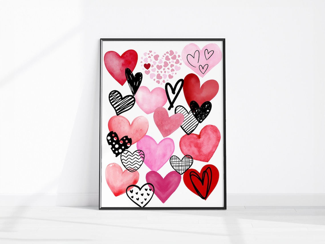 Watercolor Hearts Pink Red Love Pattern Girly Room Decor Poster