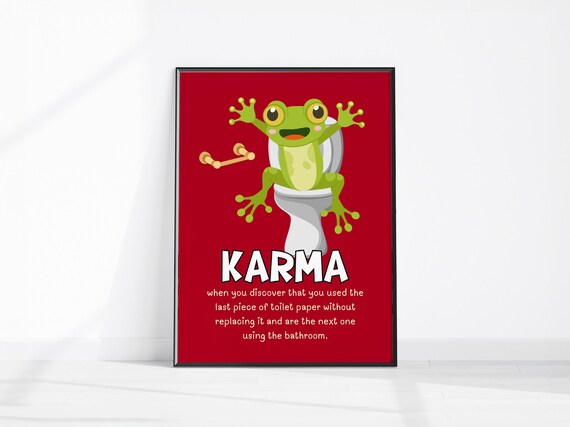Funny Definition Of Karma Poster Bathroom Wall Art Cute Green Frog Toilet Decor Retro Restroom Print Quote
