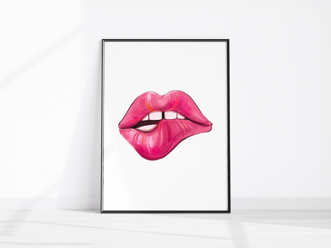 Cerise Pink Biting Lips Illustrated Fashion Wall Decor Poster