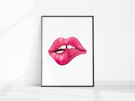 Lips Print Pink Poster Wall Art Blush Decor Cerise Fashion Vanity