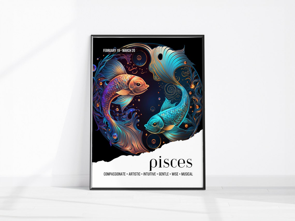 Pisces Zodiac Sign Two Fishes Yin Yang February March Star Sign Poster