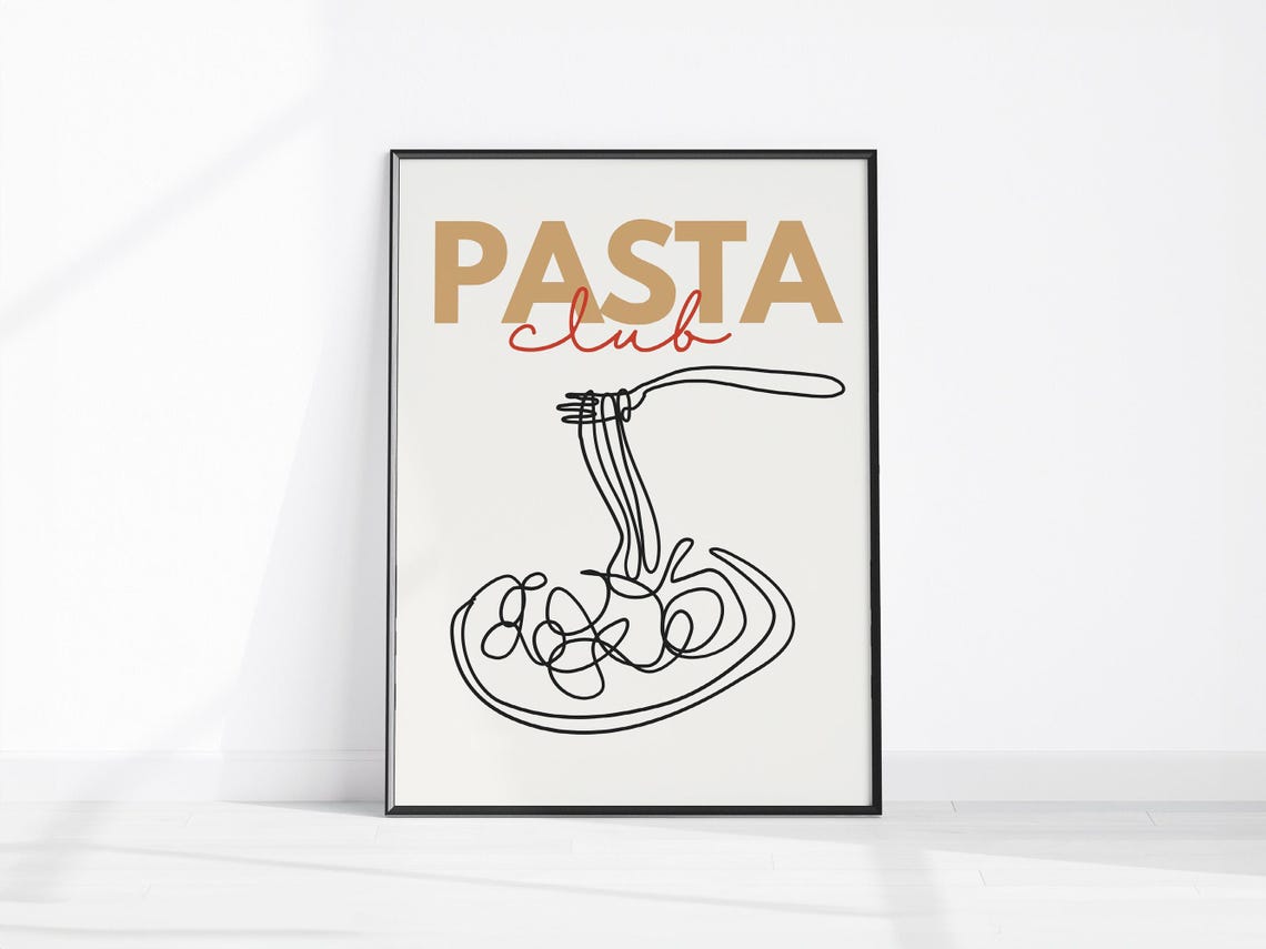 Pasta Club Spaghetti Fork Line Art Retro Kitchen Food Poster