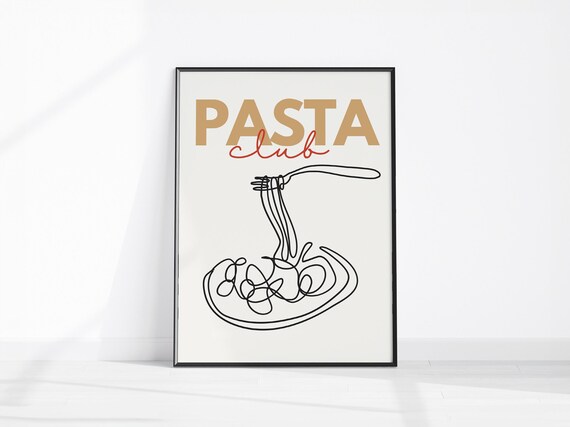 Pasta Club Spaghetti Fork Line Art Retro Kitchen Food Poster