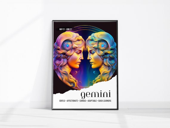 Gemini Zodiac Twins Colorful Mirrored Faces May June Birthday Poster