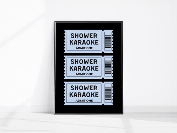 Shower Karaoke Ticket Print Bathroom Retro Black Blue Singing Funny Wall Art Vintage Trendy Home Decor