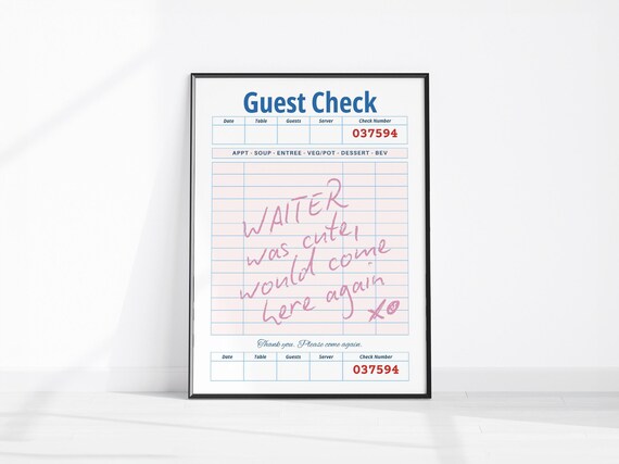 Waiter Was Cute Would Eat Here Again Guest Check Print Trendy Wall Art Modern Kitchen Dining Room Poster Home Decor