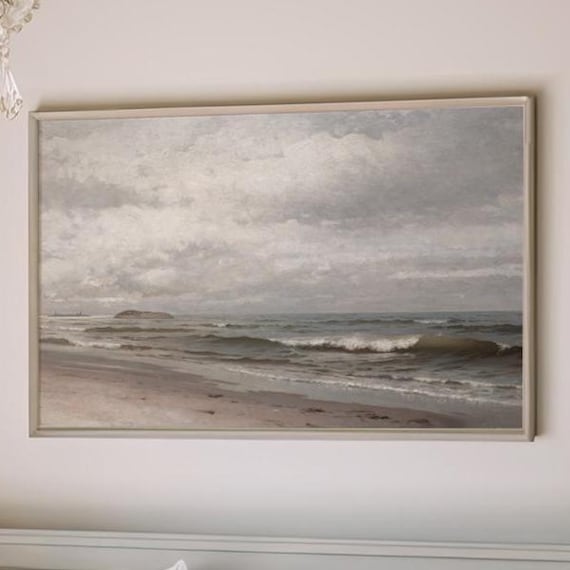 Gray Minimalist Seascape with Soft Waves and Cloudy Sky Poster