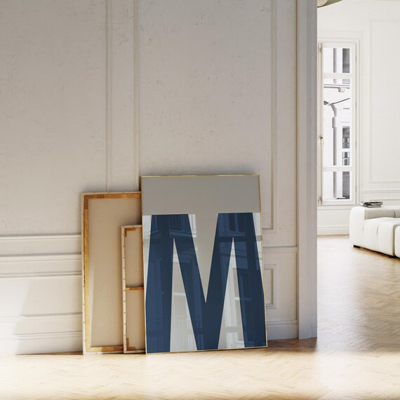 Navy Blue Bold Letter M Monogram Initial Minimal Art Print Decor