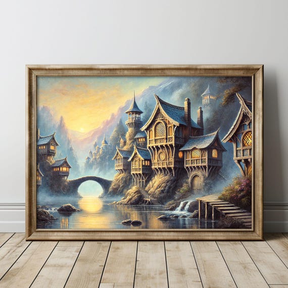 Fantasy Elvish Houses By The River Lotr Oil Painting Rivendell Landscape Wall Art