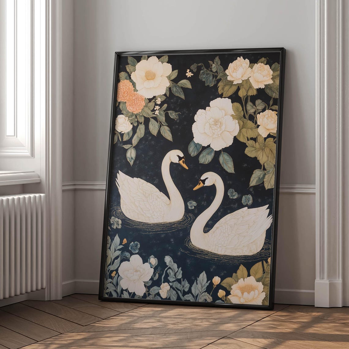 Elegant Swan Botanical Wall Art Vintage Floral Print Romantic Nature Illustration Dark Decor